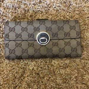 Authentic Gucci Tan Black GG Canvas Long Wallet